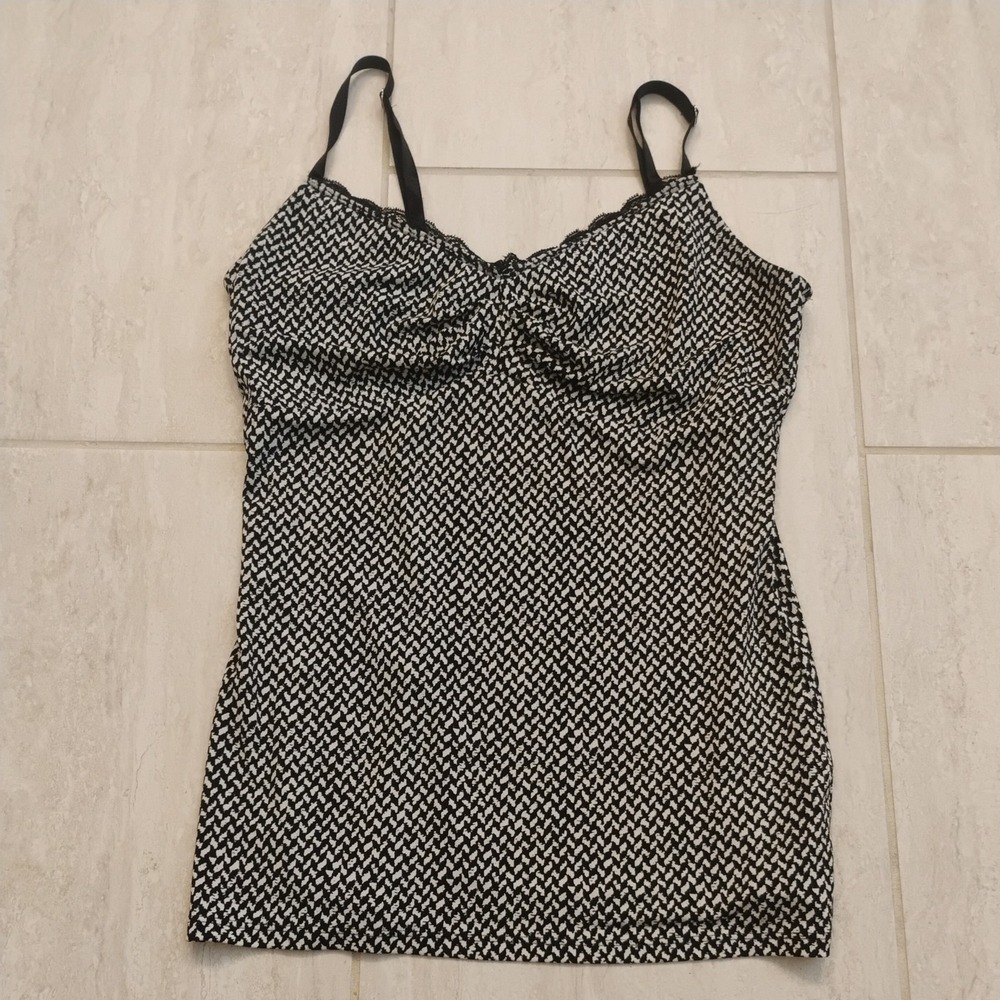 White House Black Market Womens Cami Tank Top Small Black White Print Lace Trim
